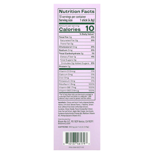 Bloom, Energy Sticks, со вкусом клубники и арбуза, 10 шт. по 4,8 г (0,17 унции)