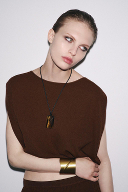 ZARA КОЖАНОЕ ОЖЕРЕЛЬЕ СО ШНУРКОМ И КАМНЕМ, КОРИЧНЕВЫЙ