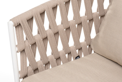 "Диего" диван 2-местный плетеный из роупа, основание дуб, каркас алюминий светло-серый (RAL7035) шагрень, роуп бежевый круглый, ткань бежевая 15052