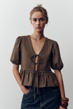 ZARA КОМБИНИРОВАННЫЙ ТОП С ЗАВЯЗКАМИ, ШОКОЛАДНЫЙ