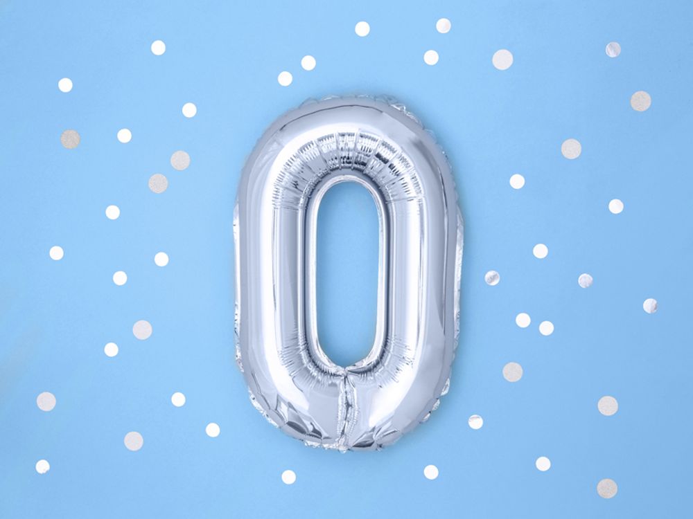 Шар с клапаном (16"/41 см) Мини-цифра, 0, Серебро
