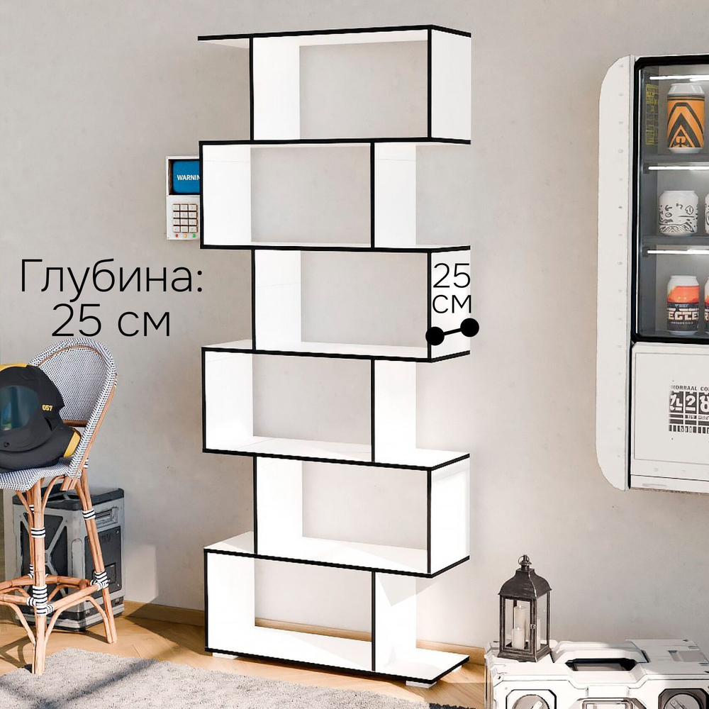 Стеллаж 6 полок Марм, 72х25х179, белый/черный, напольный стеллаж из ЛДСП в скандинавском стиле