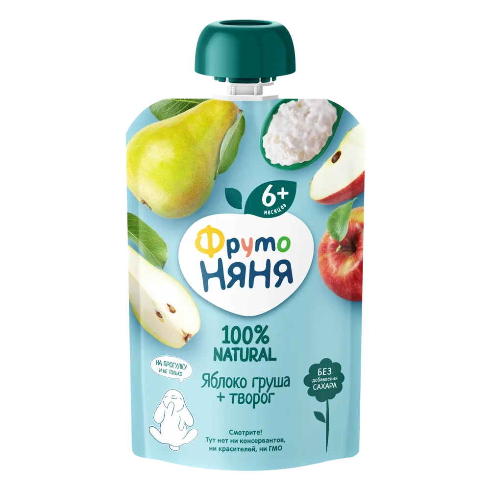 Фрутоняня пауч пюре из яблок, груши творога 90г с 6 месяцев