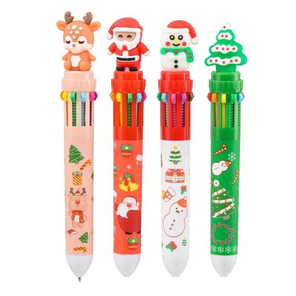 Ручка шариковая, автоматическая, 10в1, Basir, серия "Новогодняя", 10-ти цветная, с резиновой фигуркой, 36 шт