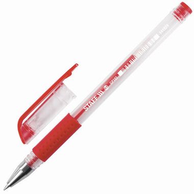 Ручка гелевая (STAFF) с грипом, КРАСНАЯ, корпус прозрачный, узел 0,5 мм, линия письма 0,35 мм, 141824
