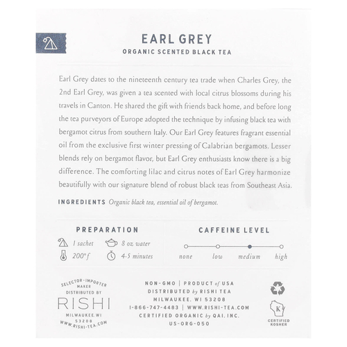 Rishi Tea, Органический ароматизированный черный чай, Earl Grey, 15 пакетиков, 42 г (1,48 унции)