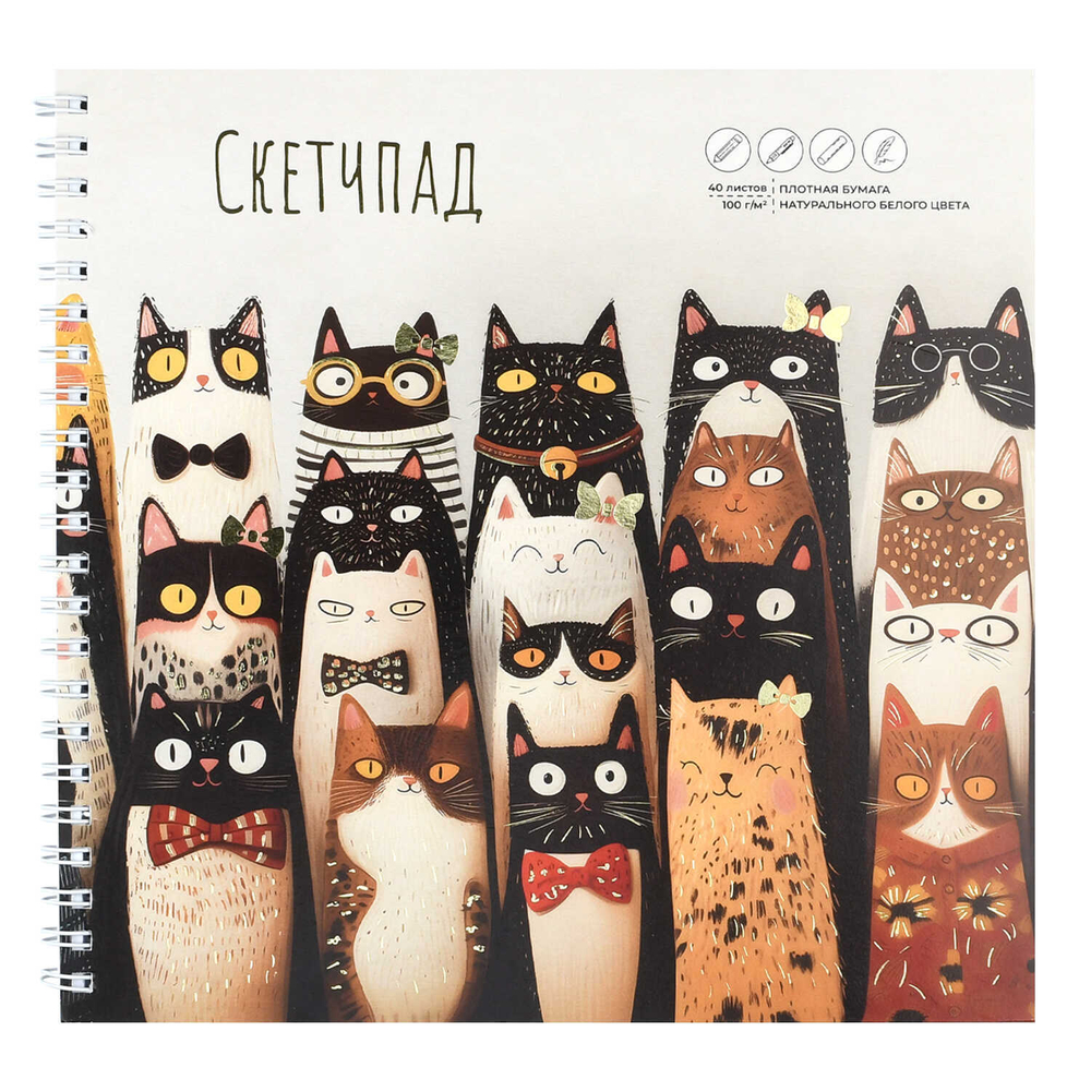 Альбом для рисования (Скетчпад) 195х195 мм, 40 л, блок - белый офсет 100 г/м², арт. 72622 ВЕСЕЛЫЕ КОТЫ /обложка полноцветная печать, гребень по короткой стороне, тиснение фольгой/