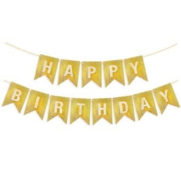 Гирлянда Флажки, Happy Birthday, Золото, Голография, 350 см, 17*12 см