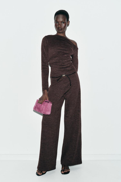 ZARA БРЮКИ-ПИКЕ С ПОЯСОМ, ТЕМНО-КОРИЧНЕВЫЙ