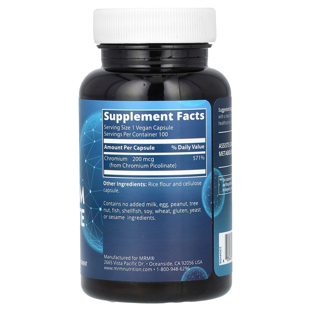 MRM Nutrition, пиколинат хрома, 100 веганских капсул (200 мкг в 1 капсуле)
