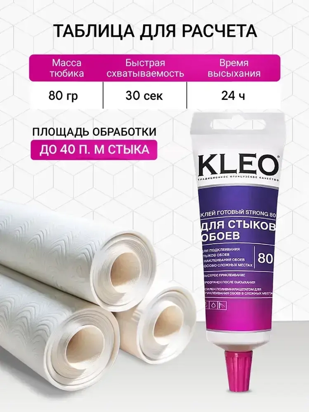 Клей для стыков обоев KLEO STRONG 80 прозрачный, подходит подклейки обоев, готовый к применению 80 гр
