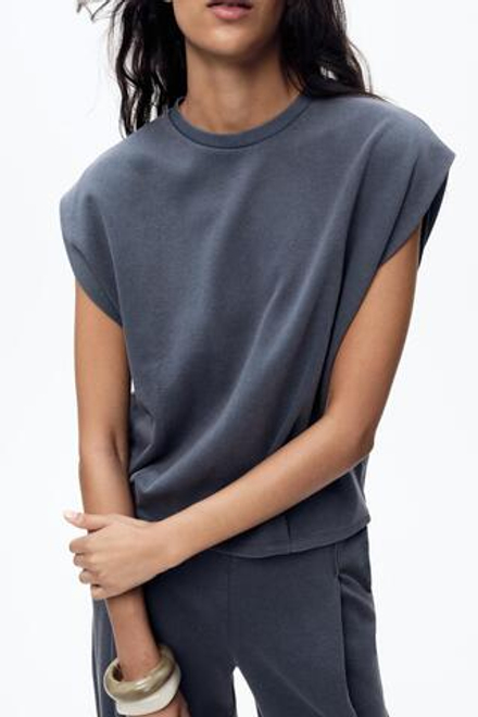 ZARA ФУТБОЛКА INTERLOCK С ЭФФЕКТОМ ПОТЕРТОСТИ, СИНИЙ