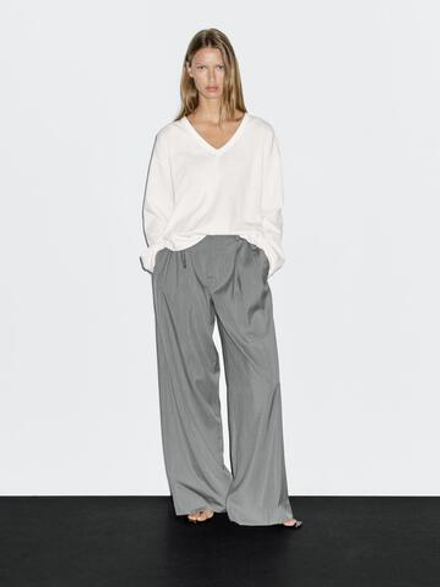 Massimo Dutti Футболка оверсайз с V-образным вырезом, натуральный, кремовый
