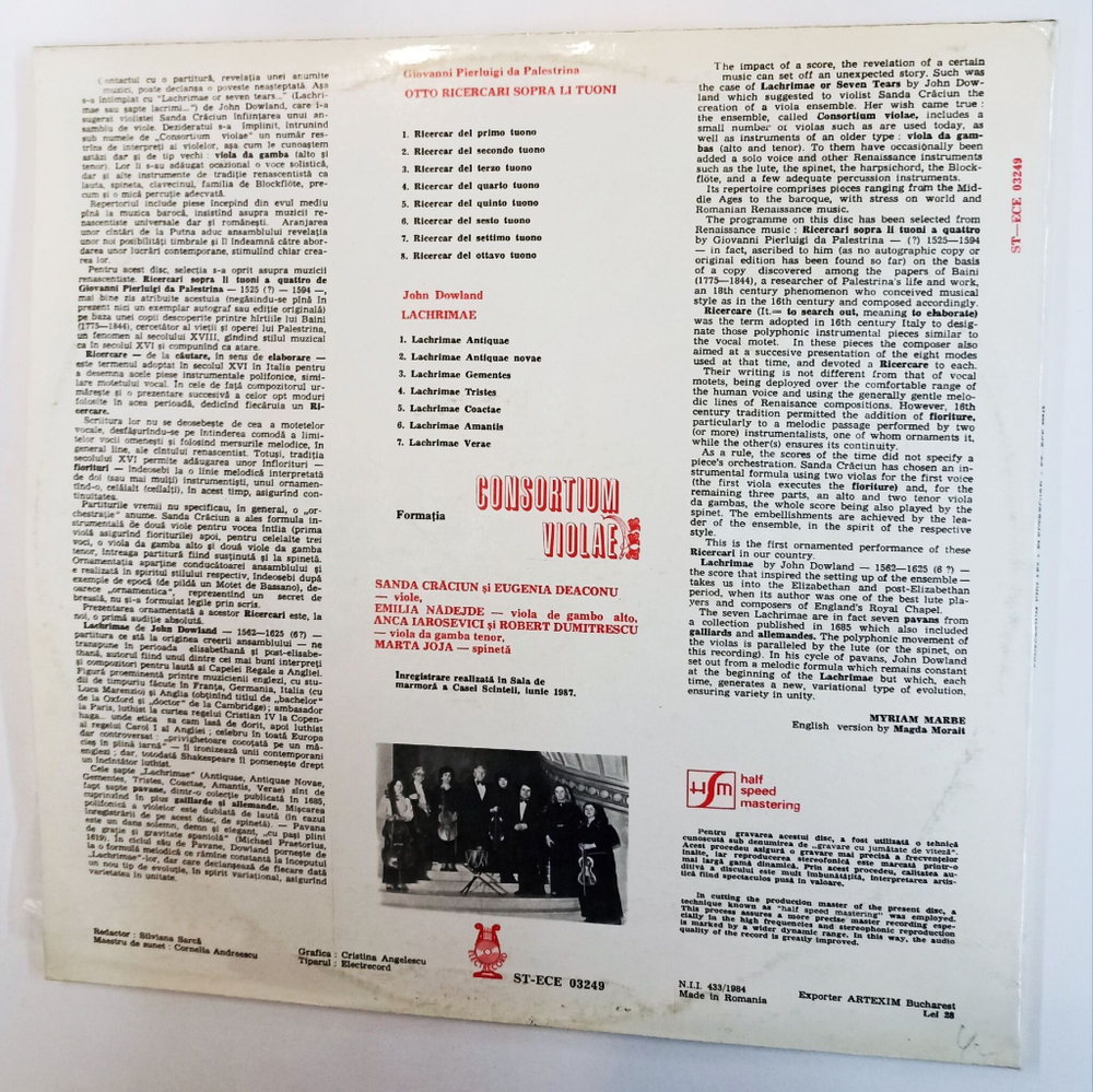 Винтажная виниловая пластинка LP Dowland PalestrinaConsortium Violae Lachrimae Ricercari (Румыния 1988)