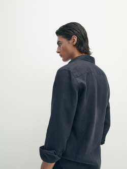 Massimo Dutti 100% льняная приталенная рубашка,  темно-синий