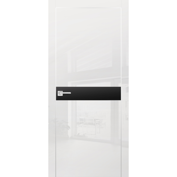 Фото межкомнатной двери экошпон Profilo Porte HGX-13 белый глянец с алюминиевой кромкой с 4-х сторон стекло Matelac чёрный