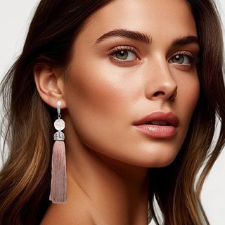 серьги-кисточки бежевые с горным хрусталём