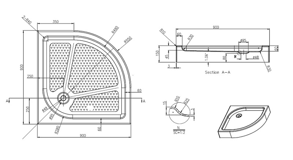 Душевой поддон Azario 900х900х150 R/L, для EDMONTON 2231 900/OTTAWA 2142 900/ONTARIO 2231 900