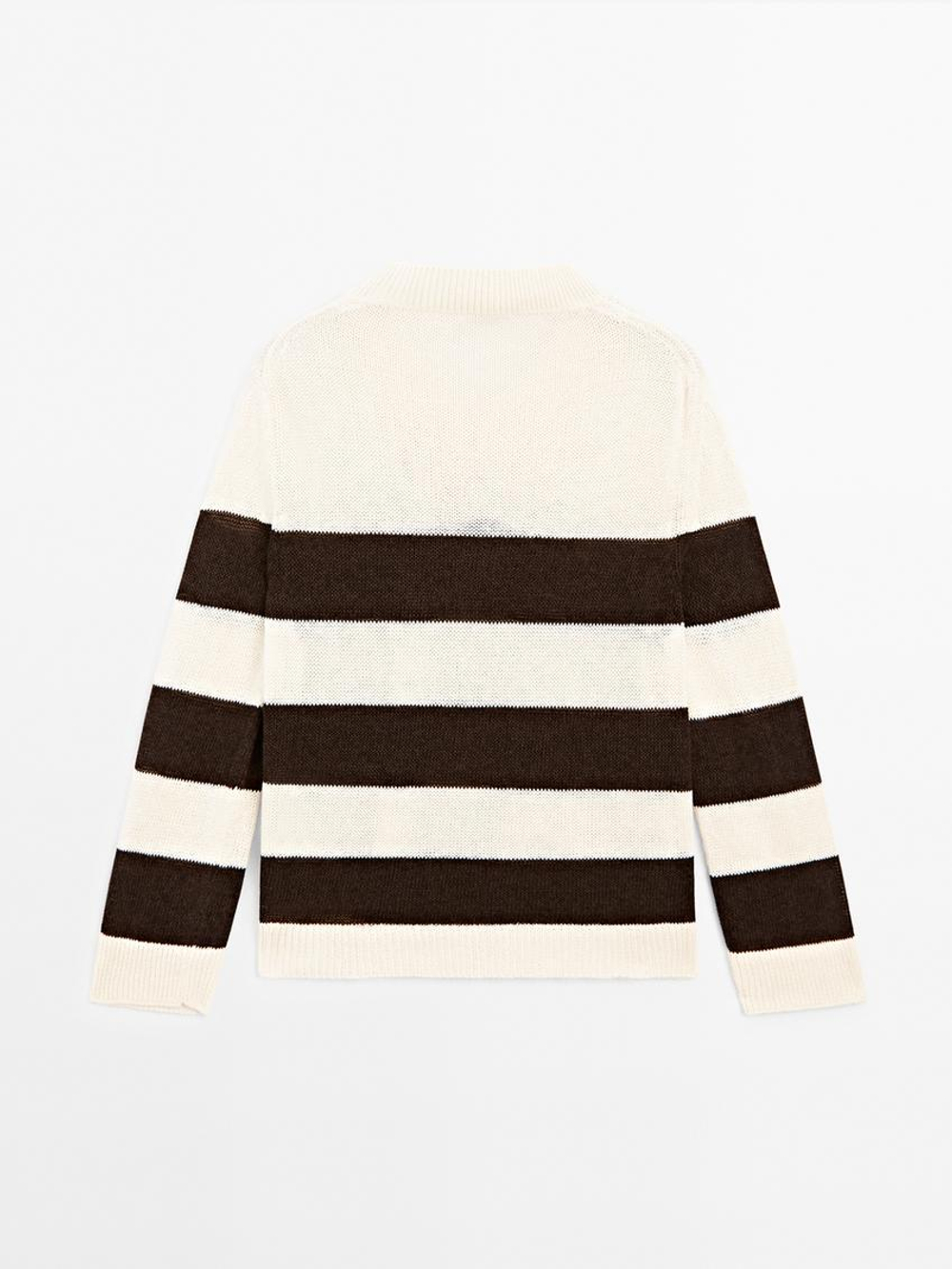 Massimo Dutti Свитер из смесового хлопка в полоску, натуральный, кремовый