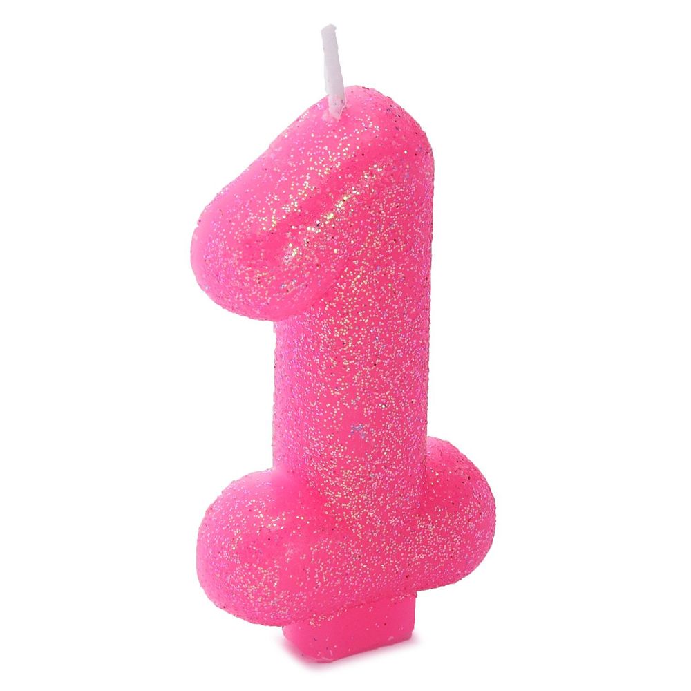 Свеча -цифра "1" Блестящая розовая