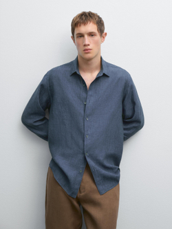 Massimo Dutti Рубашка из 100% льна стандартного кроя, темно-синий