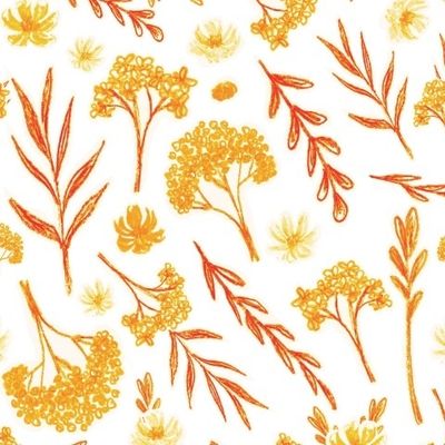 Акварельный оранжевый паттерн с цветами и травами