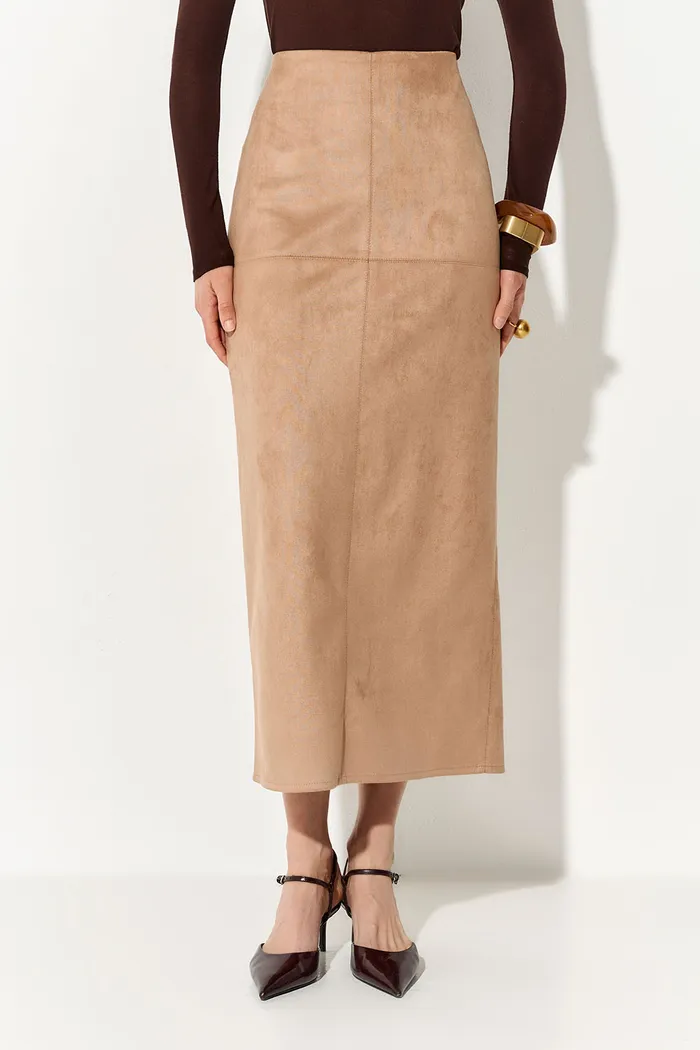 Юбка карандаш из экозамши цвета кэмел