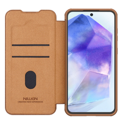 Кожаный чехол книжка коричневого цвета от Nillkin для Samsung Galaxy A56 5G, серия Qin Pro Leather с защитной шторкой для камеры