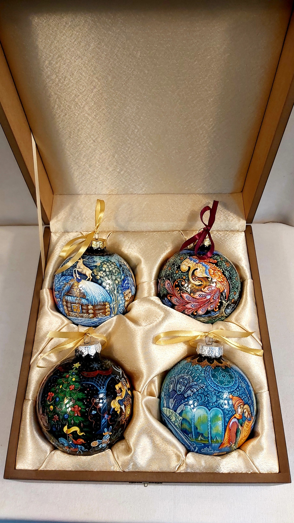 Сувенирный набор из 4-х новогодних шаров с ручной росписью Палех