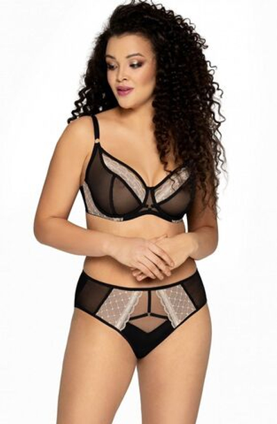 Бюстгальтер с чашками plus size с сеткой и контрастным кружевом (Размер: 75J) (Цвет: черный)