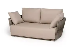 "Форли" диван 2-местный плетеный из роупа, каркас алюминий светло-серый (RAL7035) муар, роуп серо-коричневый 23мм, ткань Mossle бежевая