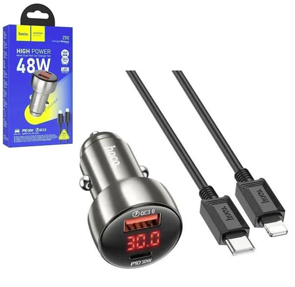 Автомобильный адаптер питания HOCO Z50 PD 30W + QC 3.0 + кабель Lightning-Type-C (серый)