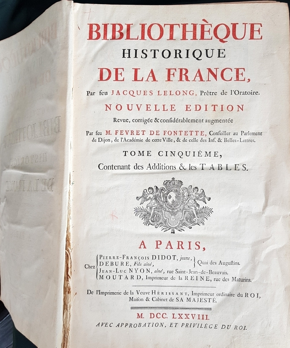 "Bibliothеque historique de la France..." Jacques le Long.  Tome 1, 3, 5.   1768 - 1778 г.г.
