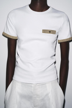 ZARA ФУТБОЛКА С МЕТАЛЛИЗИРОВАННОЙ НИТЬЮ, БЕЛЫЙ