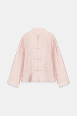 ZARA АТЛАСНАЯ РУБАШКА С ЗАСТЕЖКОЙ НА ПЕТЛИ ZW COLLECTION, ПАСТЕЛЬНО-РОЗОВЫЙ