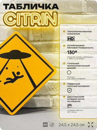 Табличка "Осторожно, НЛО" шуточная прикольная табличка на дверь и стену, для офиса и дома, декоративный знак, 24,5х24,5 см, пластиковая, Айдентика Технолоджи