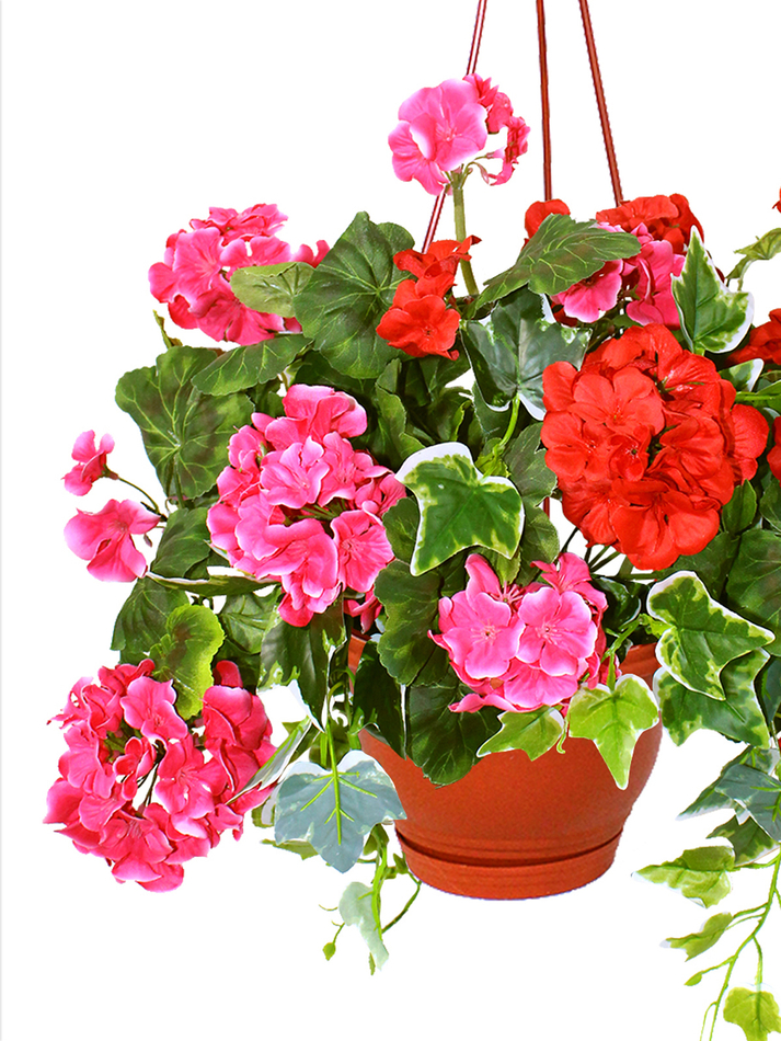 Искусственное растение Герань густая красно-малиновая в подвесном коричневом кашпо