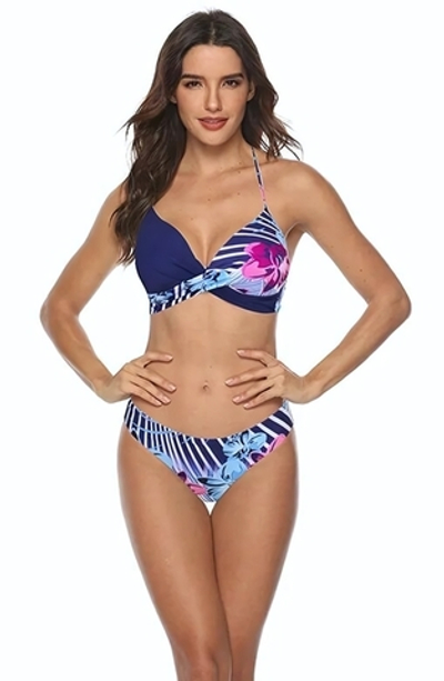 Синий раздельный купальник с принтом в виде орхидей (Размер: XXL) (Цвет: разноцветный)