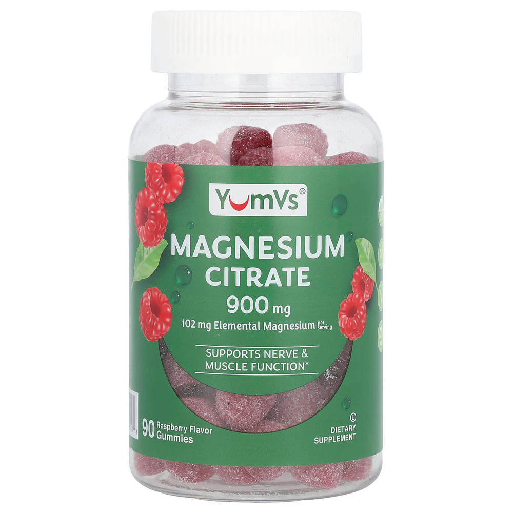 YumVs, цитрат магния, со вкусом малины, 900 мг, 90 жевательных мармеладок (300 мг в 1 жевательной таблетке)