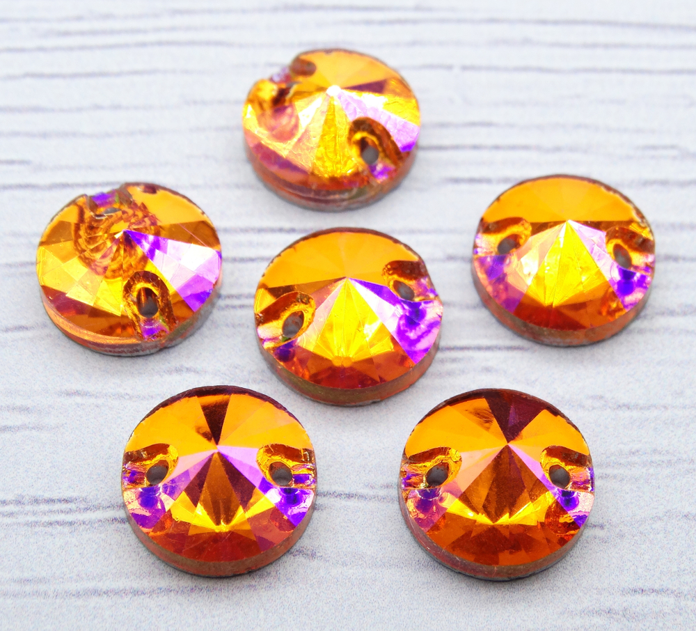 РИ007ДС10 Хрустальные стразы круглые пришивные "риволи", цвет: оранжевый AB, размер: 10 мм, 10 шт.