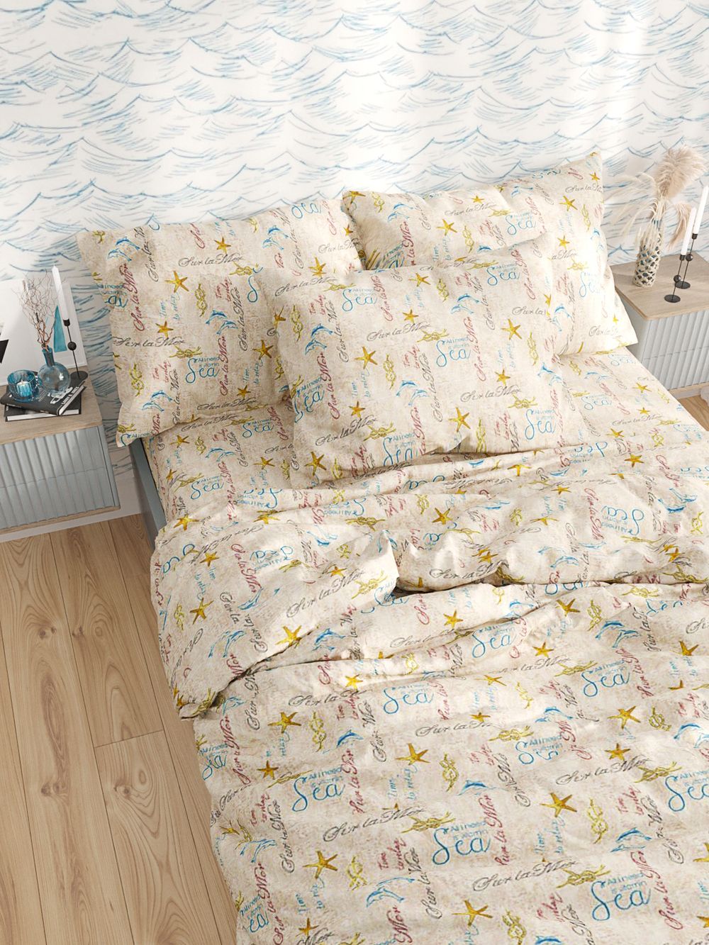 Постельное белье Сказка "Дельфины" евро Наволочка 70х70 см 2 шт Простынь на резинке 180х200 см Пододеяльник 200х215 см, перкаль