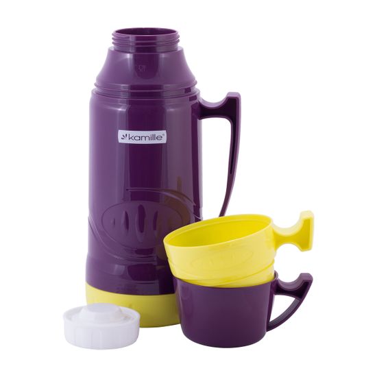 Термос 1 л. со стеклянной колбой Kamille KM 2031 пластиковый, 2 чашки