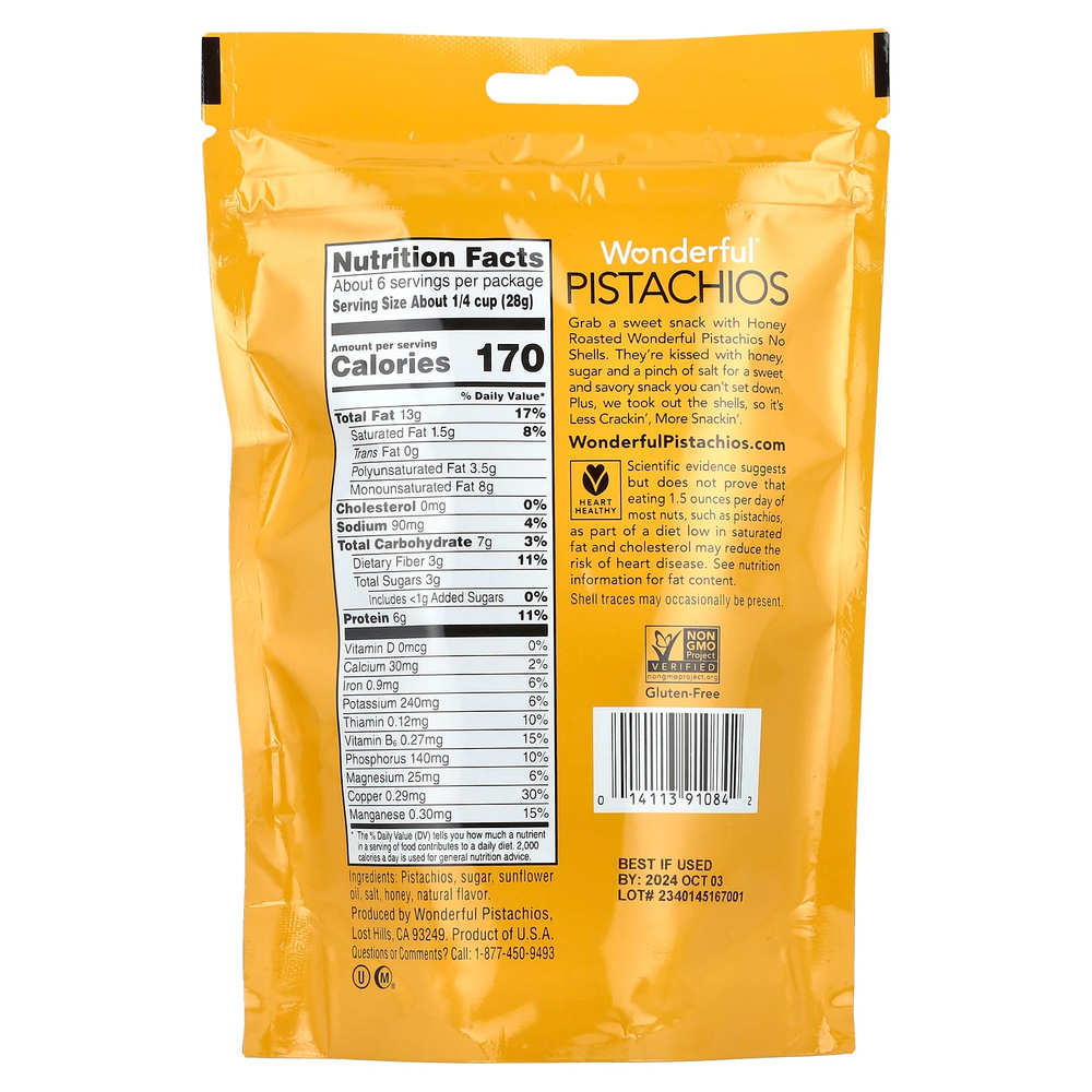 Wonderful Pistachios, обжаренный мед, без скорлупы, 155 г (5,5 унции)