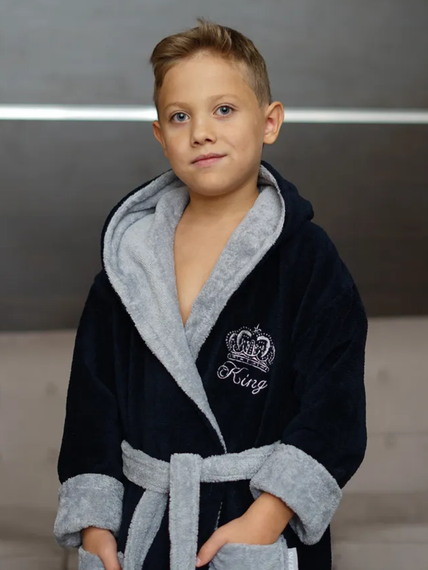 Детский велюровый халат с капюшоном KING синий