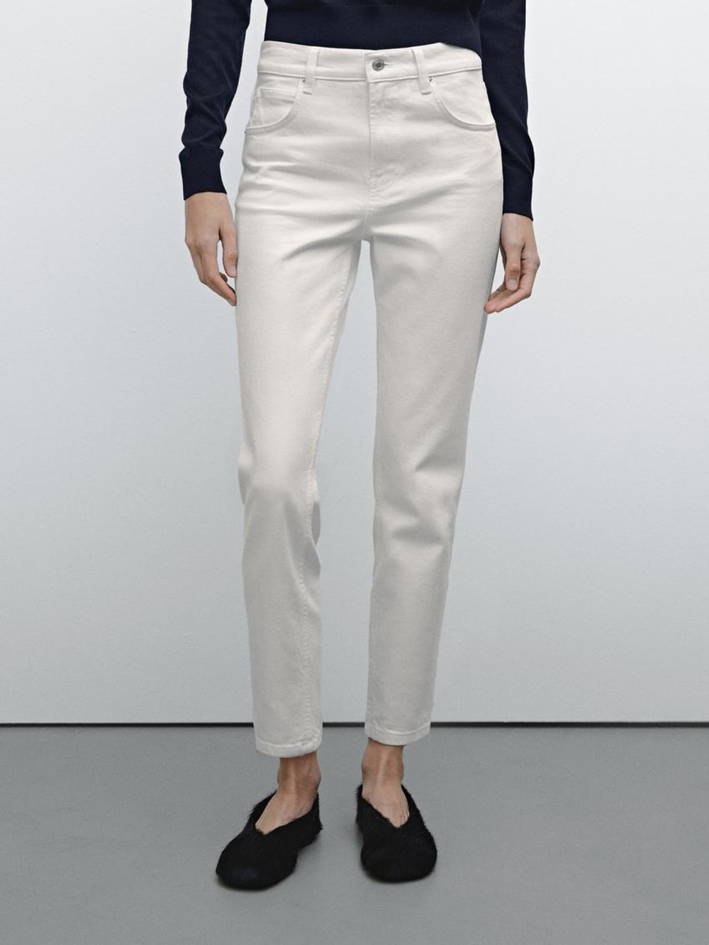 Massimo Dutti Укороченные зауженные джинсы со средней посадкой, натуральный, кремовый