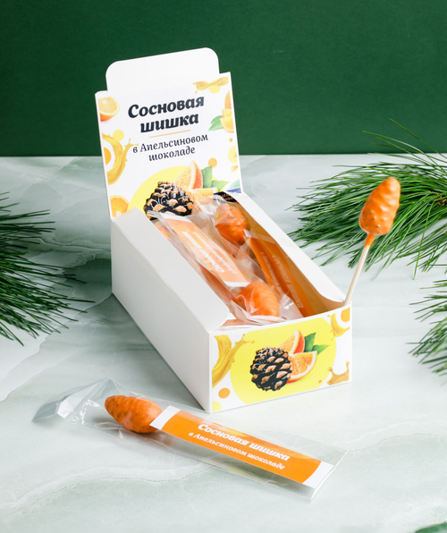 Сосновая шишка на палочке  в Апельсиновом шоколаде / шоу-бокс / 187 гр /15 шт / Солнечная Сибирь