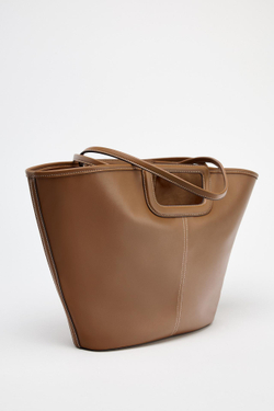 ZARA БОЛЬШАЯ СУМКА-ШОПЕР С ДЕКОРАТИВНОЙ СТРОЧКОЙ, ТЕМНЫЙ РЫЖЕВАТО-КОРИЧНЕВЫЙ