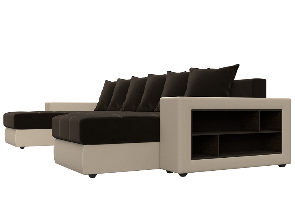 Диван П-образный Дубай полки справа, Коричневый\Бежевый, Микровельвет\Экокожа, 31512R