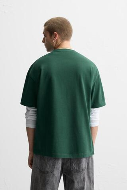 ZARA БАЗОВАЯ ФУТБОЛКА HEAVY WEIGHT, ЗЕЛЕНЫЙ