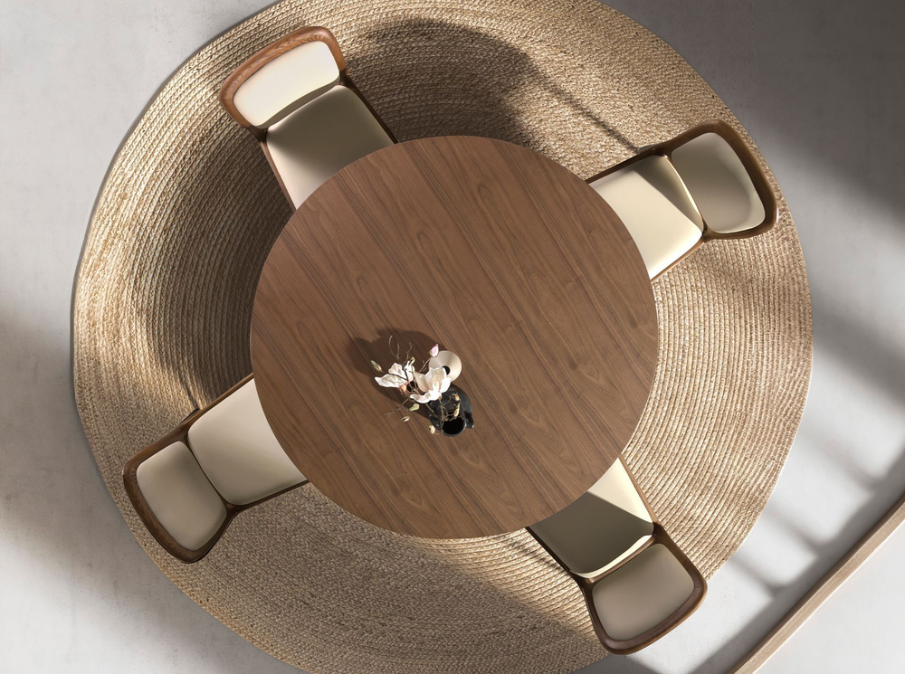 Круглый обеденный стол 1163 из ореха и стали песочного цвета